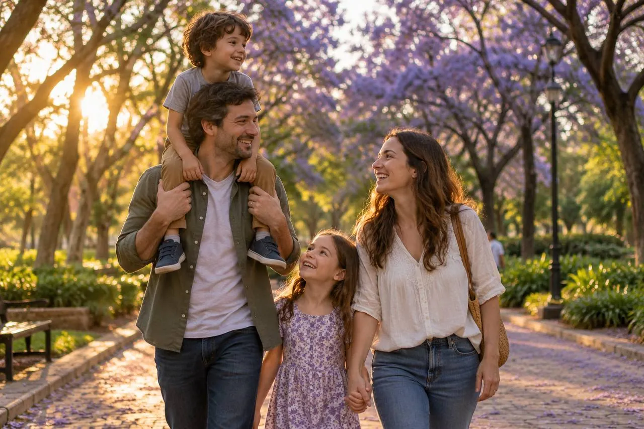Una familia camina bajo jacarandas en flor; el padre lleva a su hijo en hombros. Imagen ilustrativa.