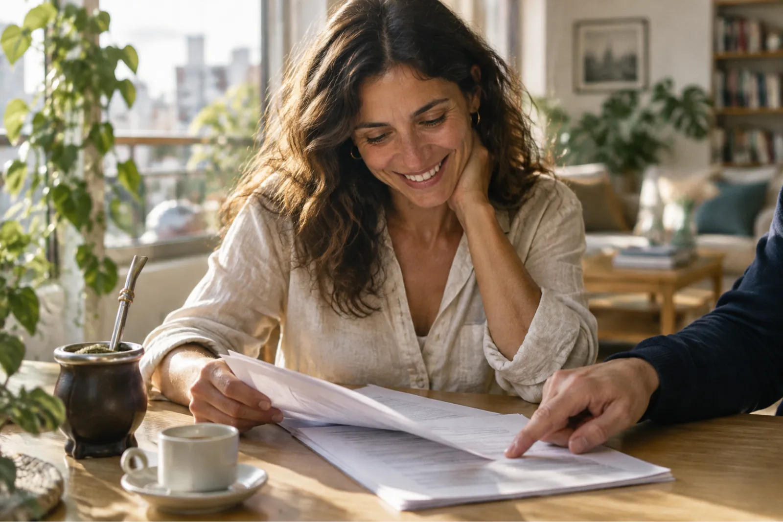 Una mujer argentina sonríe mientras revisa sus papeles con un mate a un lado; una mano le señala la página. Imagen ilustrativa.